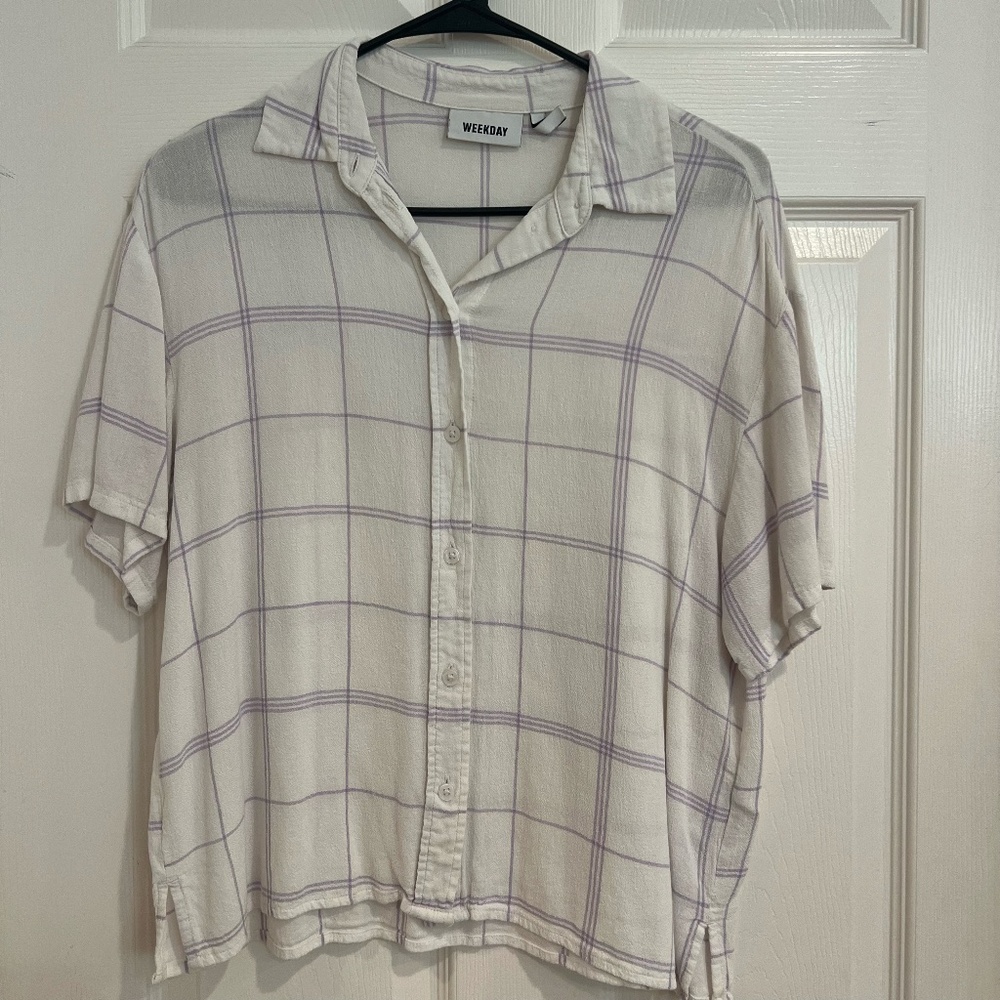 WEEKDAY White Button Down with Purple Stripes Light Breezy